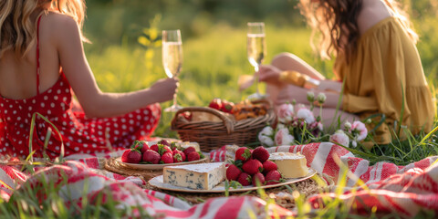 Summer picnic. Two female friends relaxing outdoors. Women enjoying picnic with wine, strawberries and cheese. - obrazy, fototapety, plakaty