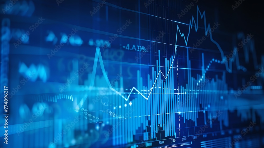 Leinwandbilder generative ai : close up financial chart with line graph in stock market on blue color background