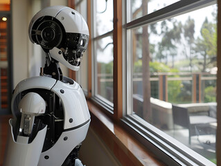 A humanoid robot stands in a room next to a large beautiful window. Concept of a home assistant robot.