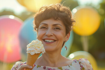 Happy summer holidays, birthday celebration concept. Positive mature woman holding ice cream cone, festive colourful balloons on background. - 774896320