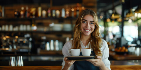 Working staff in restaurant and bar. Beautiful waitress is smiling and holding tray with coffee cups. - 774896519