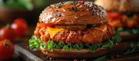 Tasty hot burger, cheeseburger, hamburger with crispy fried chicken, cheese, tomato and lettuce...