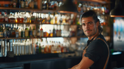 Handsome barman standing at bar counter. Copy space.
