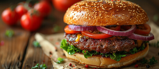 Tasty hot burger, hamburger, cheeseburger with beef, cheese, tomato sauce close up. Fast food. 