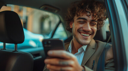 Happy businessman in suit sitting in taxi and holding smartphone. - 774896599