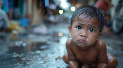 Urban Melancholy: Street Photography of a Crying Infant - obrazy, fototapety, plakaty