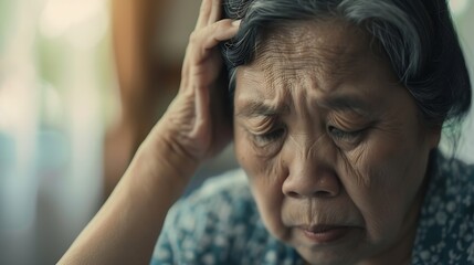 Generative AI : Depressed asian senior woman with depression,anxiety,depressive illness,tired old elderly patient crying alone at home,debilitating - obrazy, fototapety, plakaty