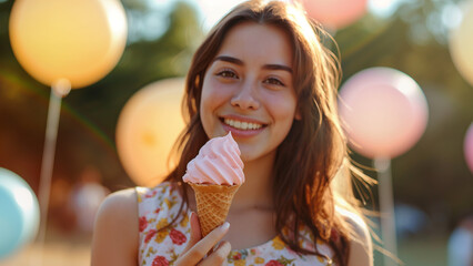 Happy summer holidays, birthday celebration concept. Young woman holding ice cream cone, festive colourful balloons on background. - 774896911