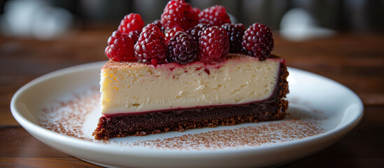 Slice of raspberry cheesecake close up. Pastry food, sweet and delicious dessert. Berry cake.