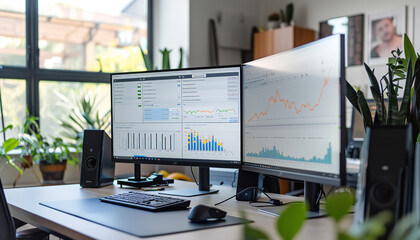 In an office setting - dual computer monitors display a complex sales analytics dashboard with various graphs and metrics