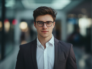 Fototapeta premium The bespectacled dapper gentleman. A young man exudes sophistication and intelligence in his stylish suit, complemented by his fashionable glasses