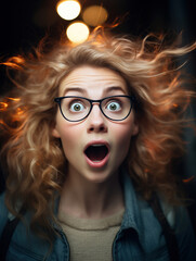 Spectacular spectacles: captivating surprise. A woman with glasses is making a surprised face, her eyes wide and mouth agape in amazement - obrazy, fototapety, plakaty