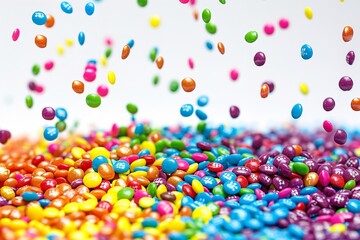 Beautiful colorful rainbow candy falling from above with a white backdrop for text or product, Generative AI.