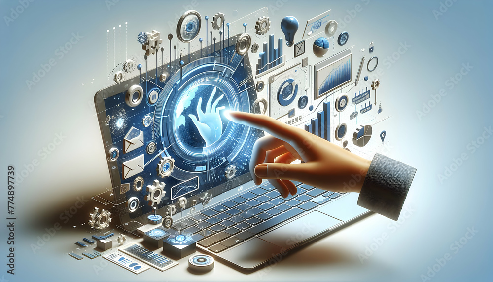 Wall mural 3d flat icon as virtual interface hand interacting with a virtual interface projected from a laptop.