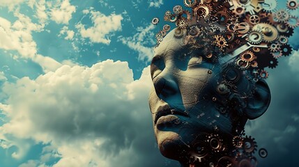 Generative AI : human head with gears sky and clouds background