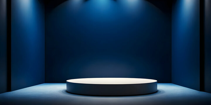 Blue podium with lighting, in a blue room.