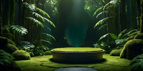 Abstract stone platform covered with green moss in a tropical forest.
