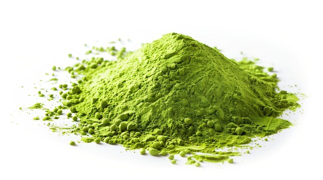 Generative AI : Heap of matcha green tea powder isolated on white background, Organic product from the nature for healthy with traditional style