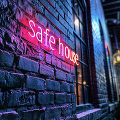 Sign that says Safe House on a brick wall at night