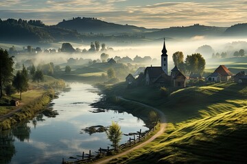 Nature of Poland. Landscape with a village by the river. Forest in the fog. Generative AI Art....