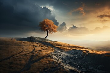 Nature of Poland. Autumn landscape. Lonely tree on a hill. Thunderclouds. Generative AI Art....