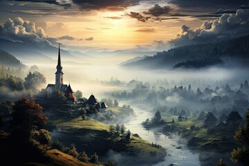 Nature of Poland. Landscape with a church by the river. Village in the fog. Generative AI Art....