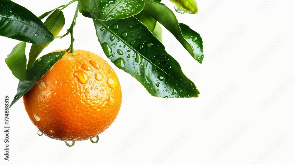 Poster generative ai : fresh orange fruit with water drops hang on tree branch with green leaves isolated o