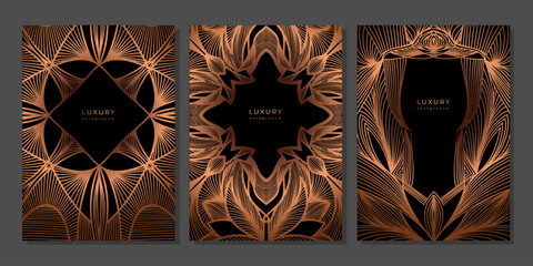 Set of luxury art deco style geometric linear template. Golden frames. Black background with gold outline elements. Abstract minimalist gatsby style poster, banner, cover. Bronze vintage templates