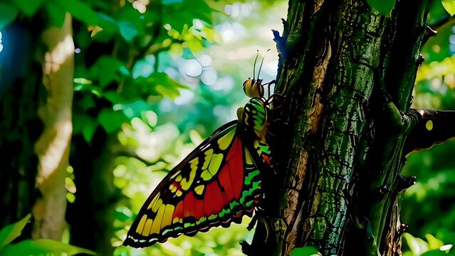 Closeup Ornithoptera butterflies attached to tree trunks and their beautiful colored wings