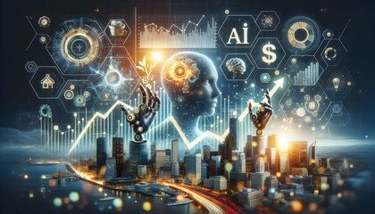 AI Market Matrix A banner with a matrix style financial chart and AI elements. in financial growth and innovation abstract theme ,Full depth of field, clean bright tone, high quality ,include copy spa
