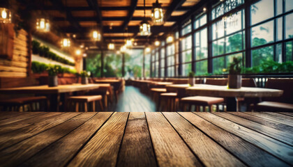Wood background with a restaurant view , copyspace  banner