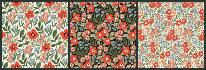 Seamless floral pattern, liberty ditsy print, abstract ornament in folk motif. Decorative botanical design collection: hand drawn small red flowers, leaves, meadow texture. Vector illustration.