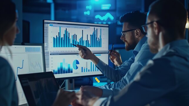 Generative AI : Panorama shot analyst team utilizing BI Fintech to analyze financial report with laptop. 