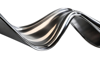 Abstract fluid metal bent form. Metallic shiny curved wave in motion. Cut out design element steel texture effect.