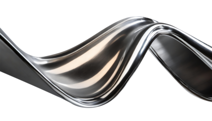 Abstract fluid metal bent form. Metallic shiny curved wave in motion. Cut out design element steel texture effect.
