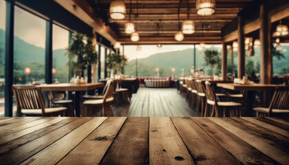 Wood background with a restaurant view , copyspace  banner