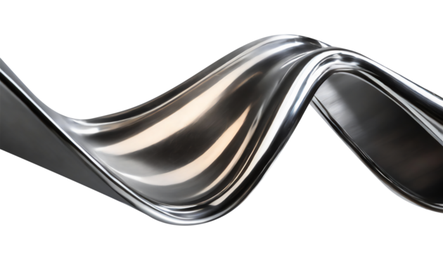 Abstract fluid metal bent form. Metallic shiny curved wave in motion. Cut out design element steel texture effect.