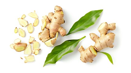 Generative AI : Finger root with green leaves and fresh ginger spice isolated on white background. - obrazy, fototapety, plakaty