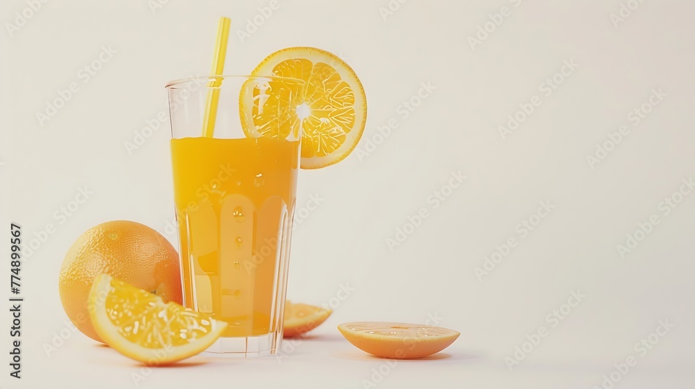 Poster Generative AI : Glass of 100% Orange juice with sacs and sliced fruits isolate on white background.