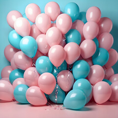 Fototapeta na wymiar light blue pink festive balloons. copy space, text space. background for a postcard, banner
