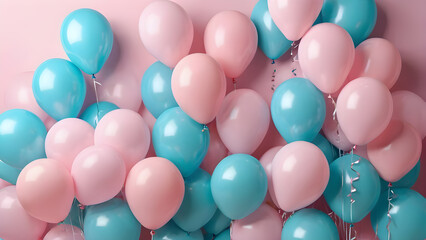Fototapeta na wymiar light blue pink festive balloons. copy space, text space. background for a postcard, banner