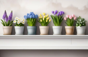 Naklejka na ściany i meble Clipart isolated on white background, spring flowers in pots, watercolor in rustic style. 