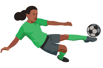 South African girl women's football player in a green sports uniform jumps to hit the ball