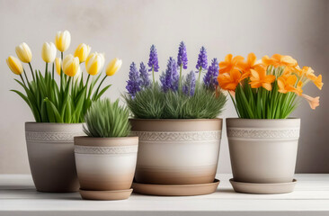 Clipart isolated on white background, spring flowers in pots, watercolor in rustic style. 
