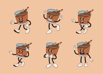 Retro cartoon coffee cup character set. Mug mascot in different poses. 60s 70s 80s groovy contour vector illustration. Espresso, latte, cappuccino, black coffee cup.