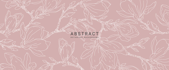 Floral botanical line art modern background. Luxury hand drawn magnolia flowers natural pattern in contemporary style. Vector design for wall decor, packaging, print, cover, banner, invitation, card © Feodora_21