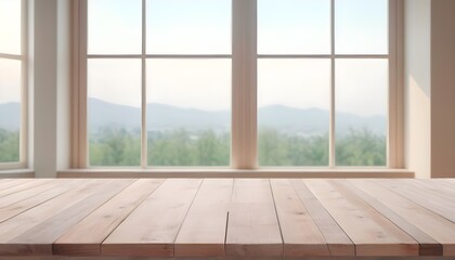 Empty wooden table with green trees background	