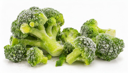 Frozen green broccoli. Delicious vegetable. Organic food. Isolated on white background.