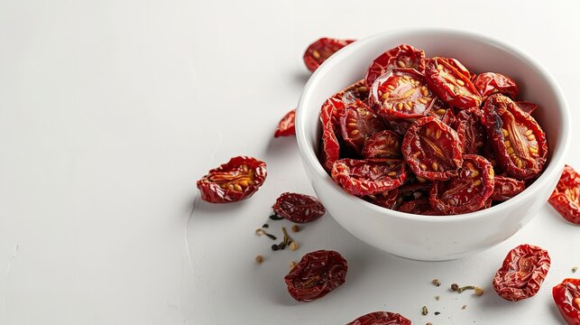 Close shot and top view of dried tomato's on a bowl on a studio clean backdrop with space for text or product, Generative AI.