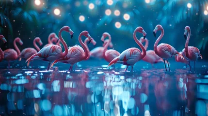 Gardinen Elegant flamingos wading in moonlit lagoon, vibrant pink feathers, low angle shot © RECARTFRAME CH